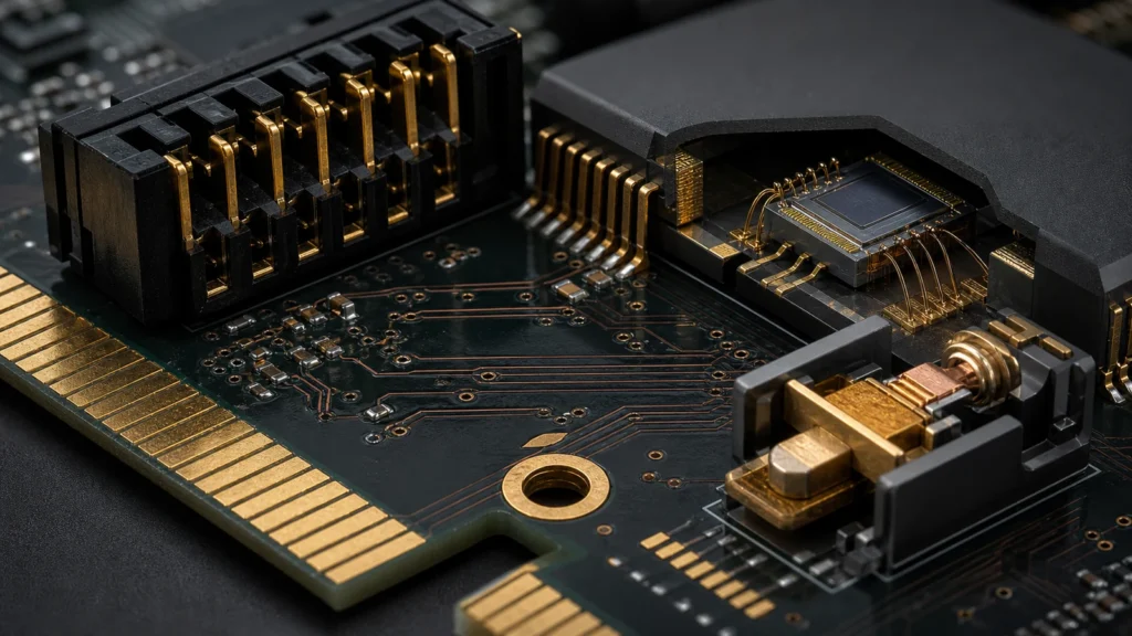 Macro view of realistic circuit-board edge contacts, connectors and semiconductor bonding wires