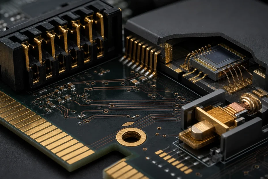 Macro view of realistic circuit-board edge contacts, connectors and semiconductor bonding wires