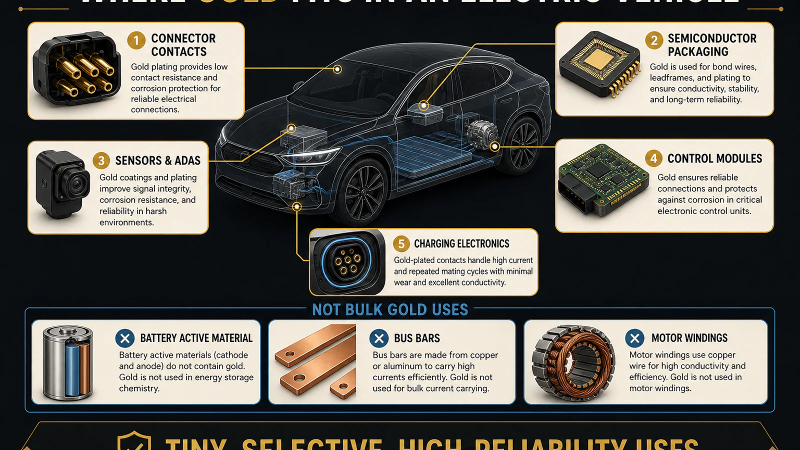 Infographic locating gold in connectors, control modules, semiconductor packaging, sensors and charging electronics while excluding battery cells and busbars