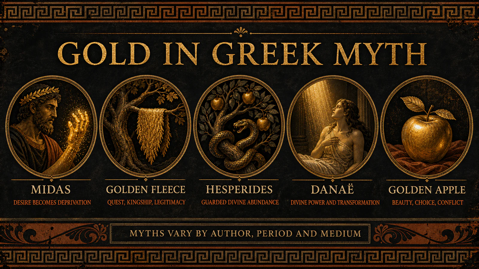 Infographic comparing King Midas, the Golden Fleece, the Hesperides, Danae, and the golden apple in Greek mythology