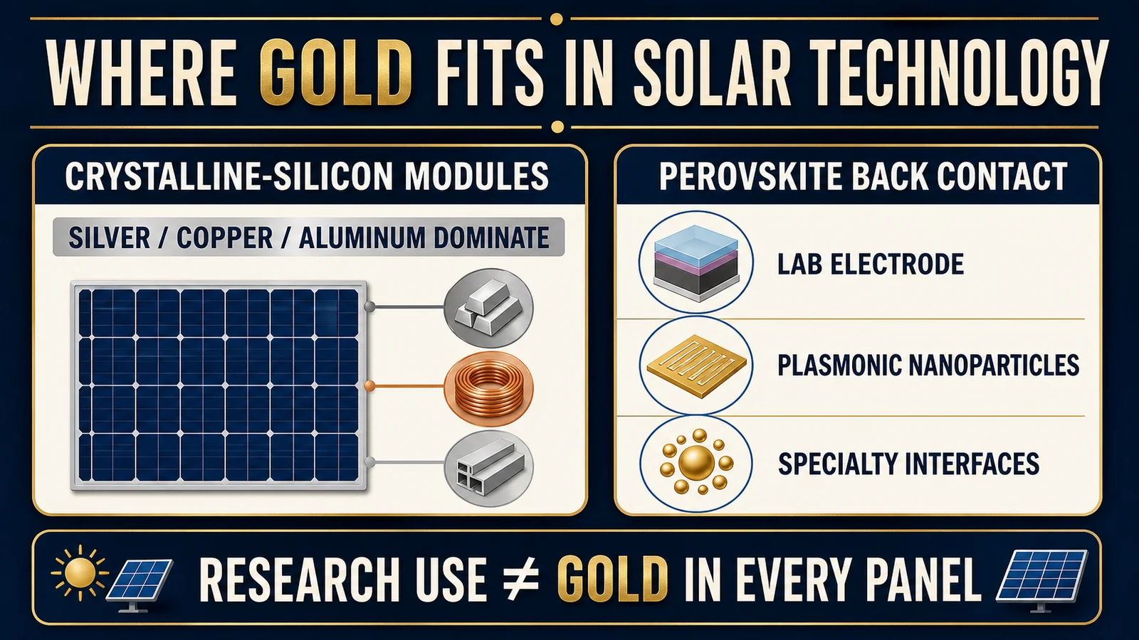 Gold in Solar Panels: Real Uses, Research, and Alternatives infographic