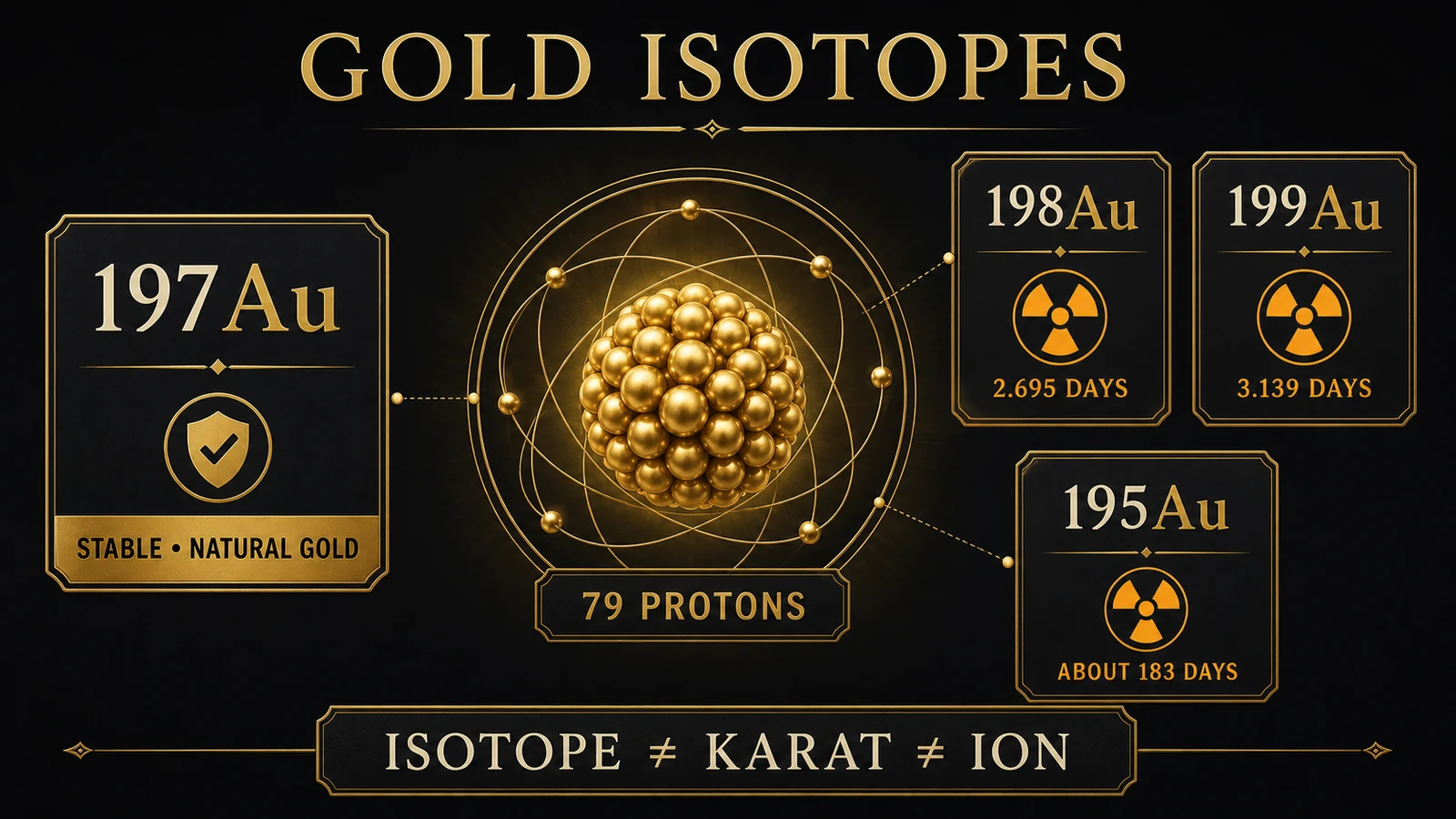 Infographic comparing stable gold-197 with selected radioactive gold isotopes and their half-lives