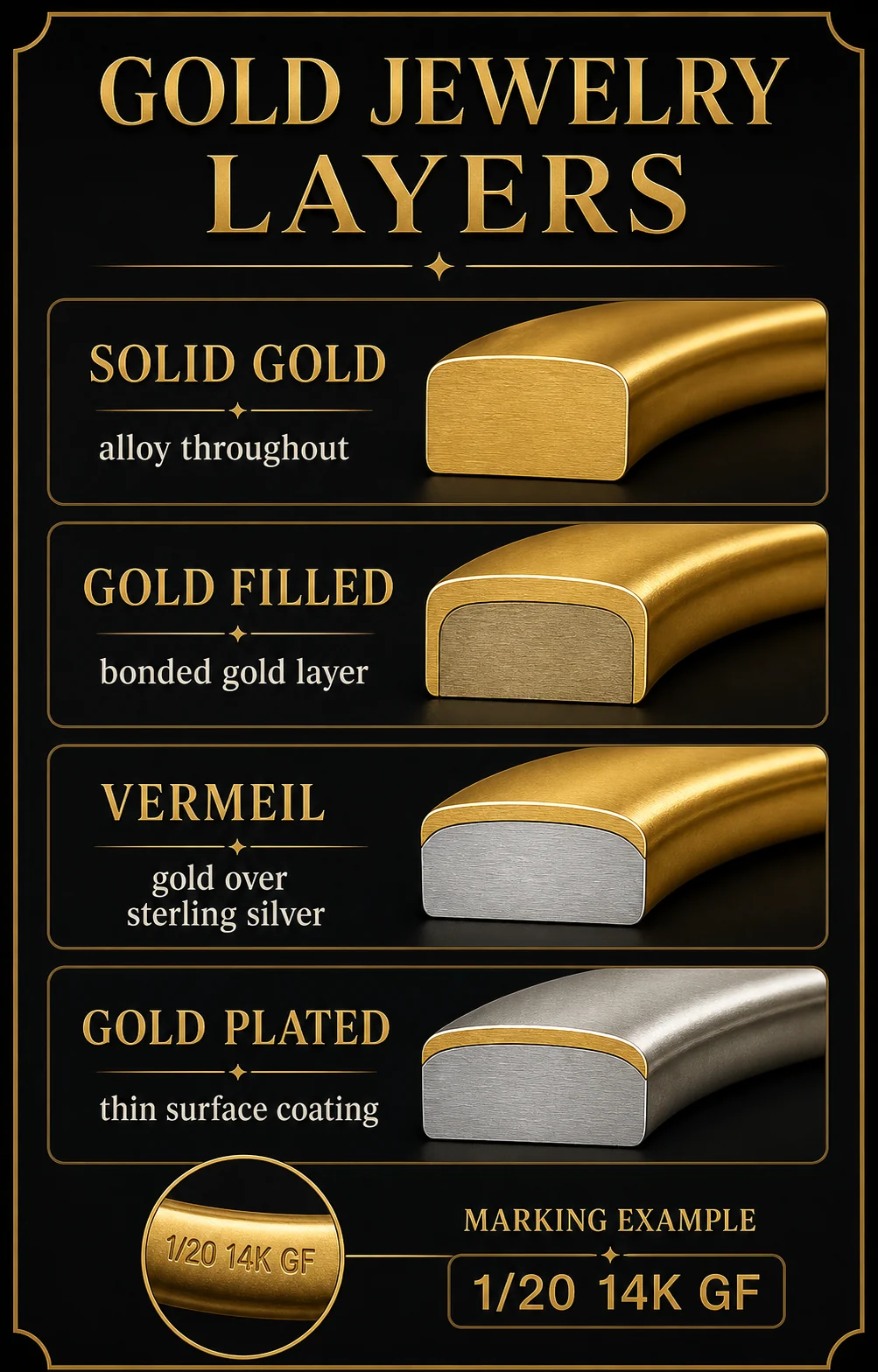 Infographic comparing solid gold, gold-filled, vermeil and plated construction