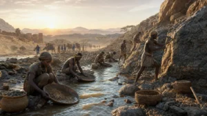 Historically grounded scene of African miners washing auriferous sediment with trade routes and stone architecture suggested in the distance