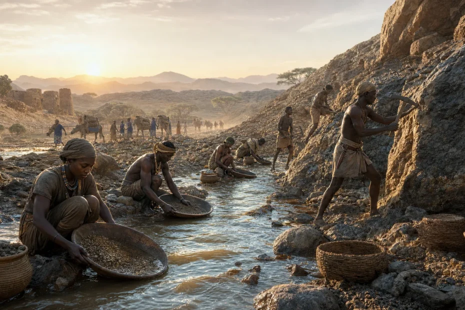 Historically grounded scene of African miners washing auriferous sediment with trade routes and stone architecture suggested in the distance