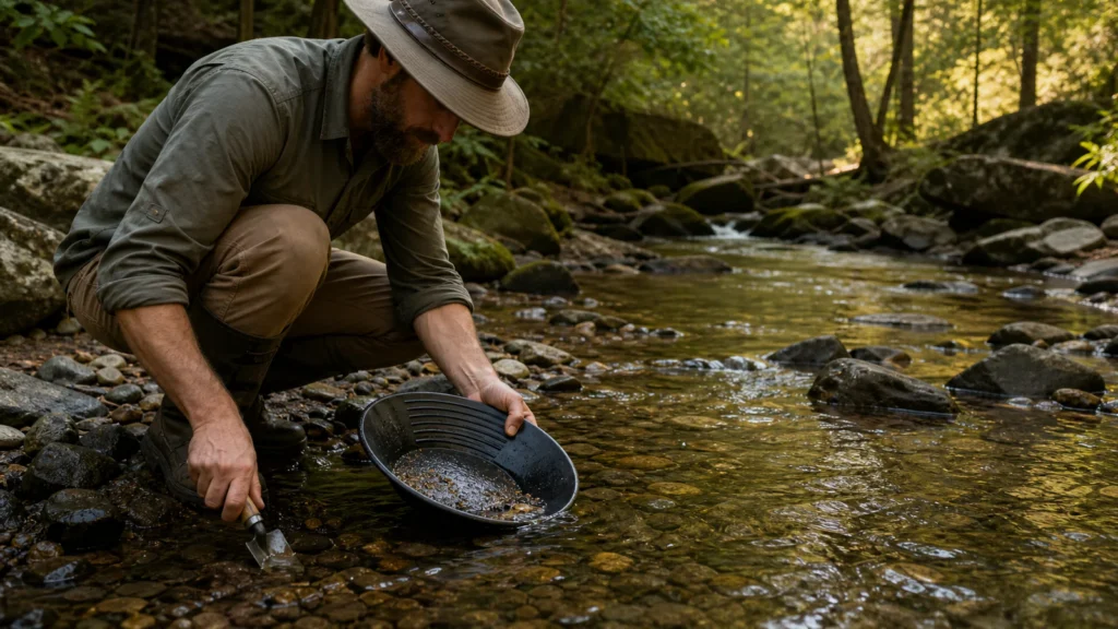 Recreational prospector using a gold pan and small trowel in a clear Ouachita stream without disturbing the banks
