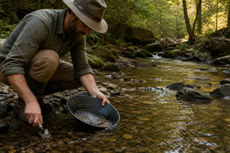 Recreational prospector using a gold pan and small trowel in a clear Ouachita stream without disturbing the banks