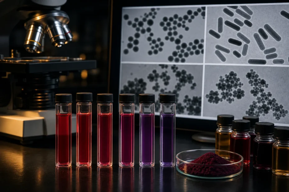 Ruby-red and purple colloidal gold samples beside microscope imagery of spherical and rod-shaped nanoparticles
