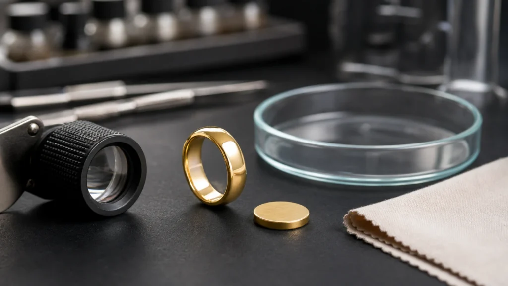Gold jewelry on a clean laboratory bench with a loupe, soft cloth and glass sample dish