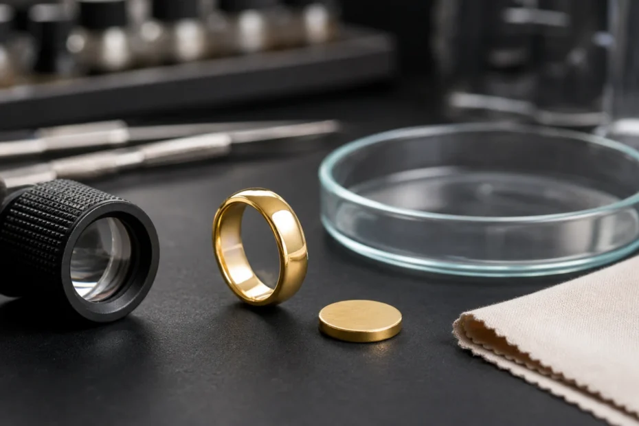 Gold jewelry on a clean laboratory bench with a loupe, soft cloth and glass sample dish