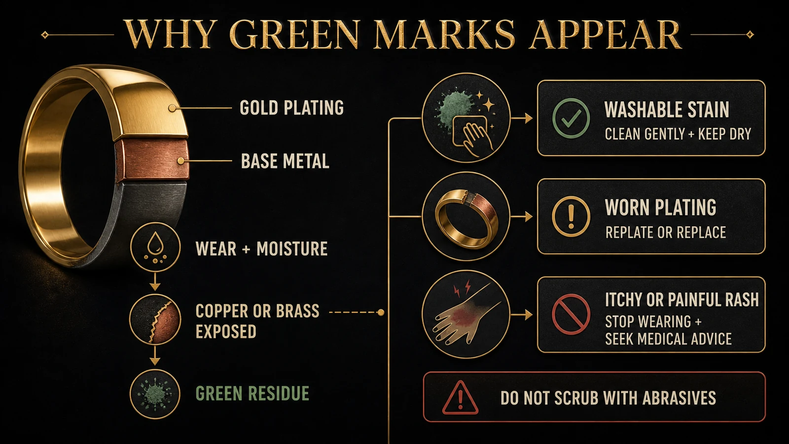 Infographic showing worn gold plating, exposed copper or brass, moisture, green residue, and safe next steps