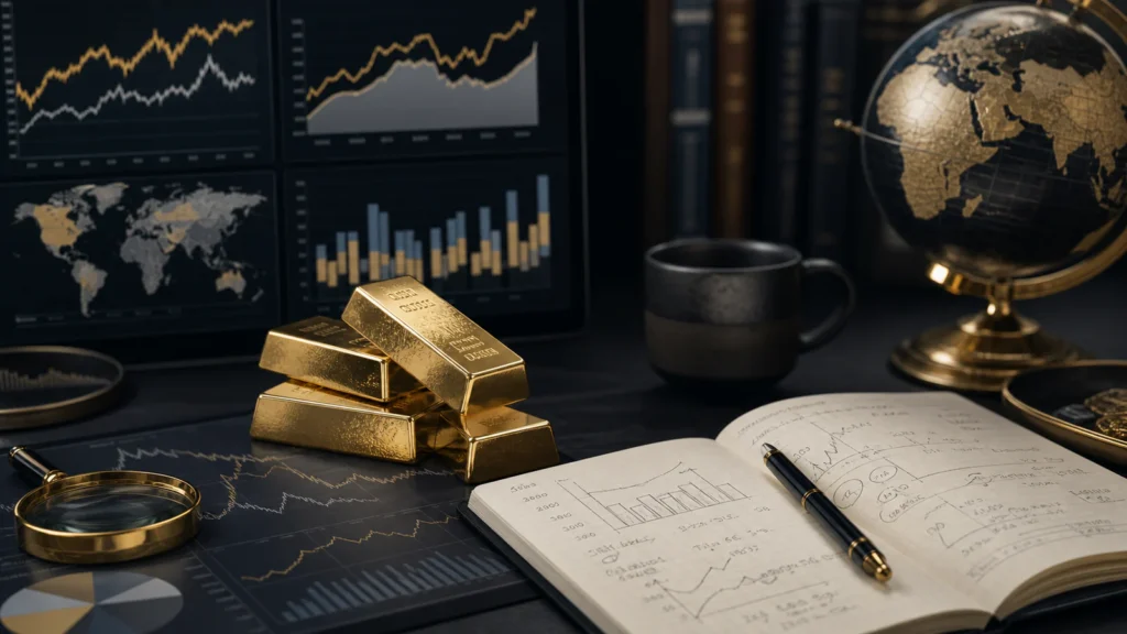 Professional macro analyst reviewing gold bars beside charts for rates, currencies, investment flows, central banks and demand sectors