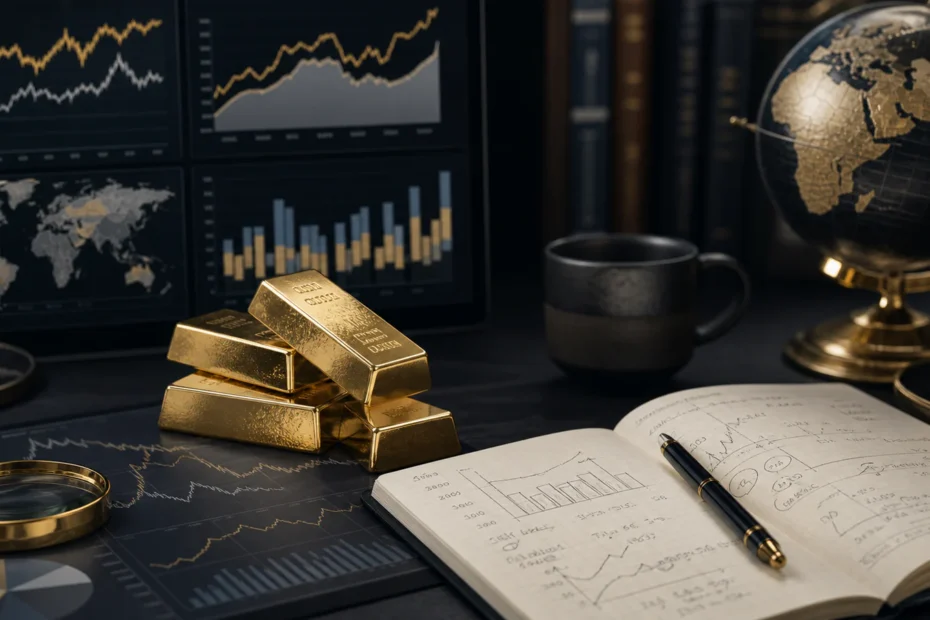 Professional macro analyst reviewing gold bars beside charts for rates, currencies, investment flows, central banks and demand sectors