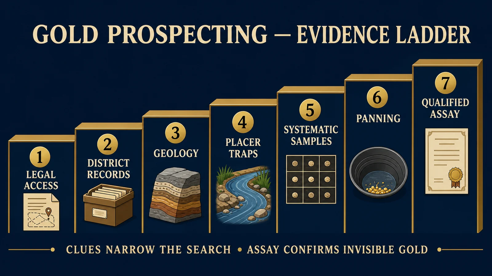 Infographic showing legal access, mining records, geology, placer traps, panning, field identification, and laboratory assay as increasing levels of evidence