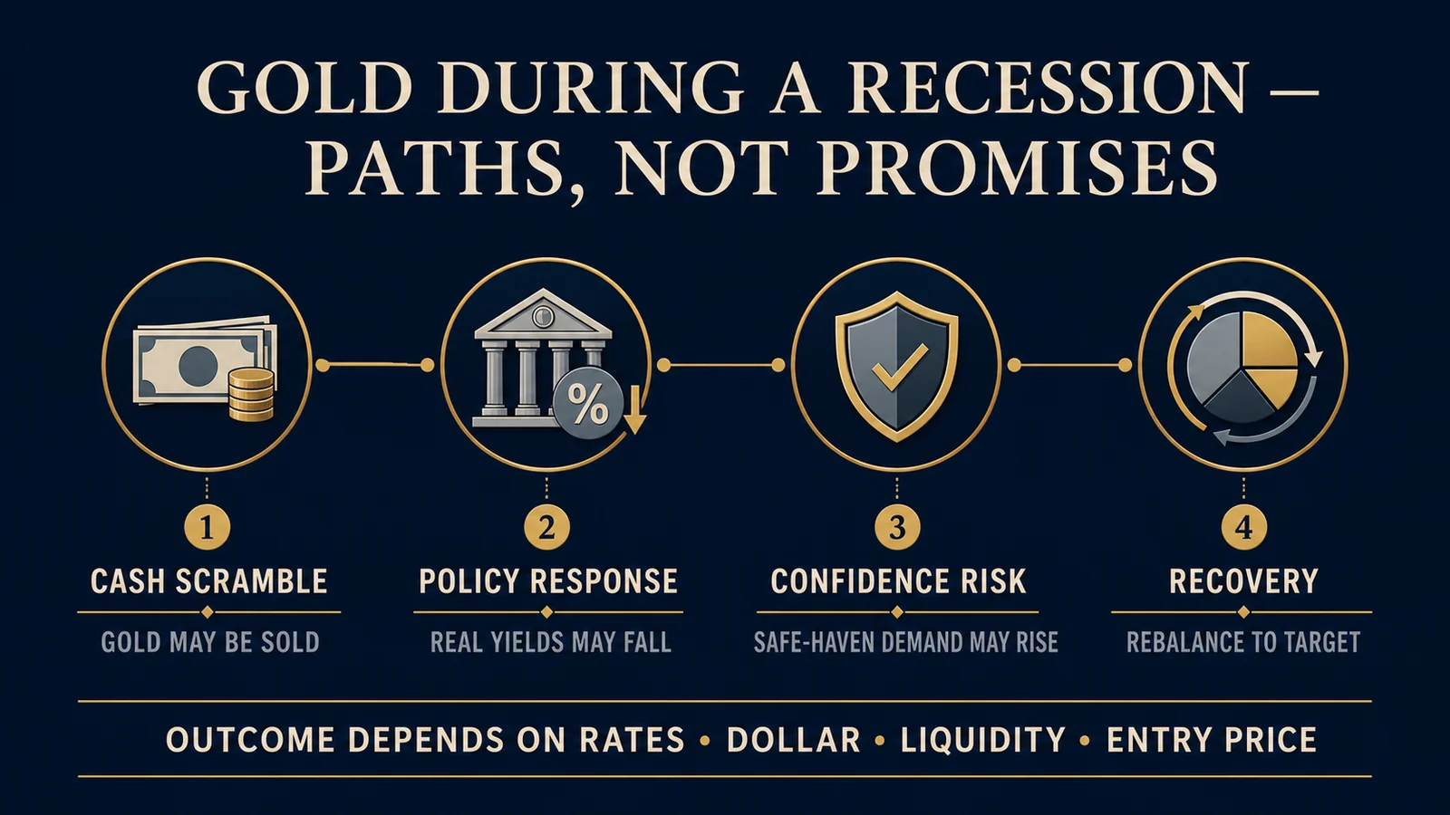 Infographic showing cash scramble, policy response, real yield, dollar, confidence risk, and recovery paths for gold during recessions