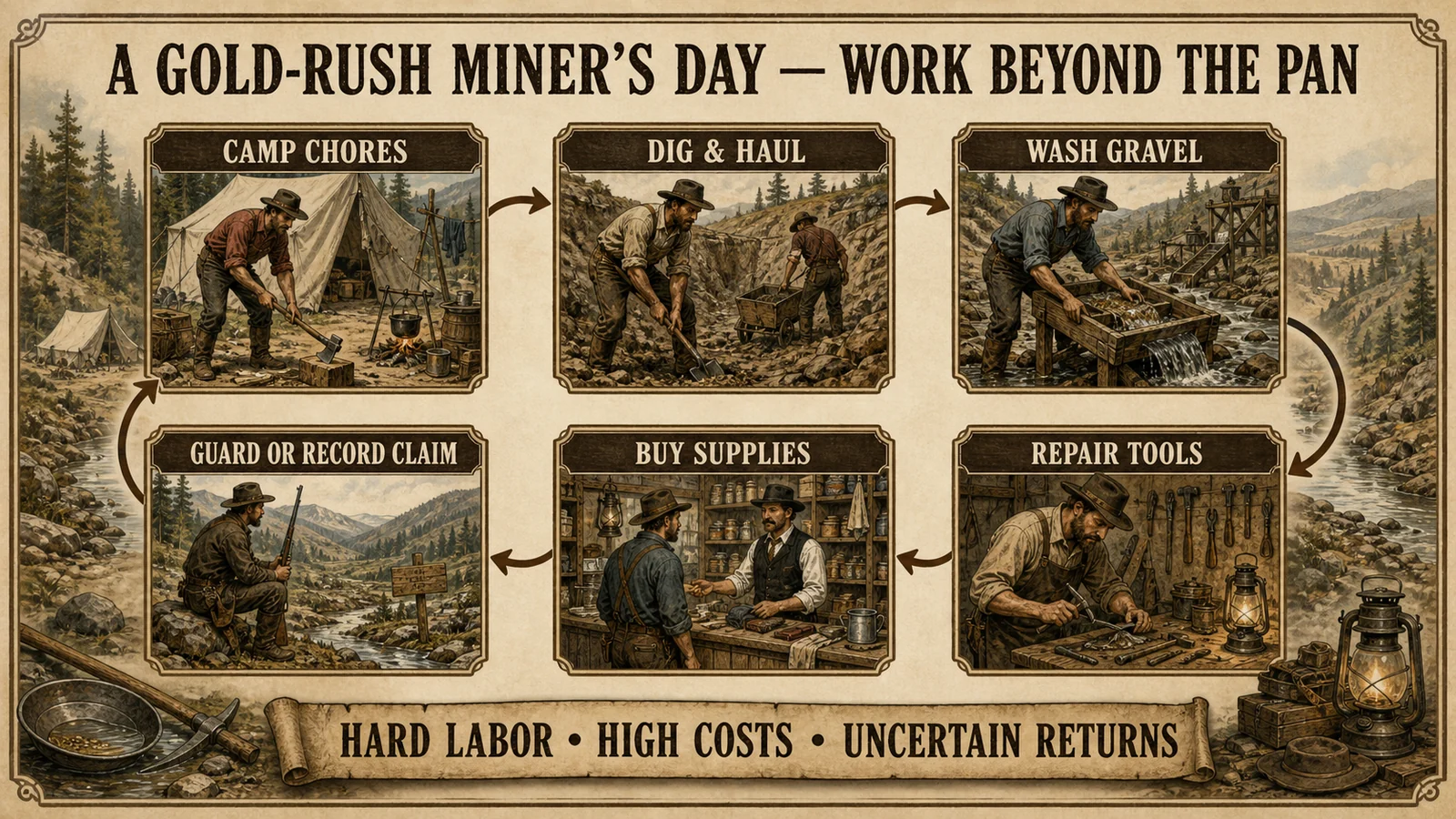 Infographic showing a gold-rush miner day across camp chores, digging, washing, tool repair, supplies, claim records, and risk