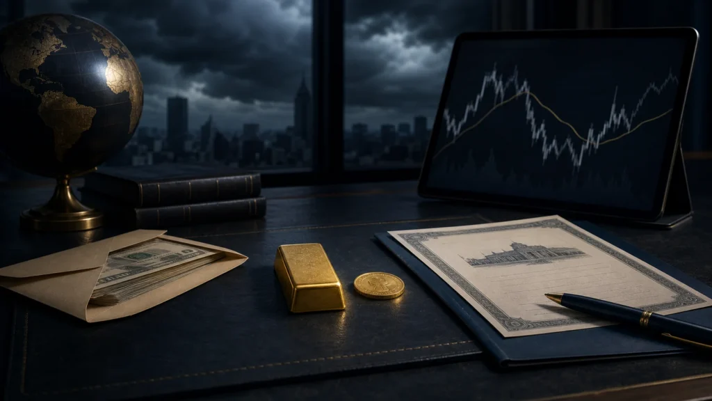 Gold bar beside cash reserves, government bonds, and a recession market chart on a professional portfolio desk