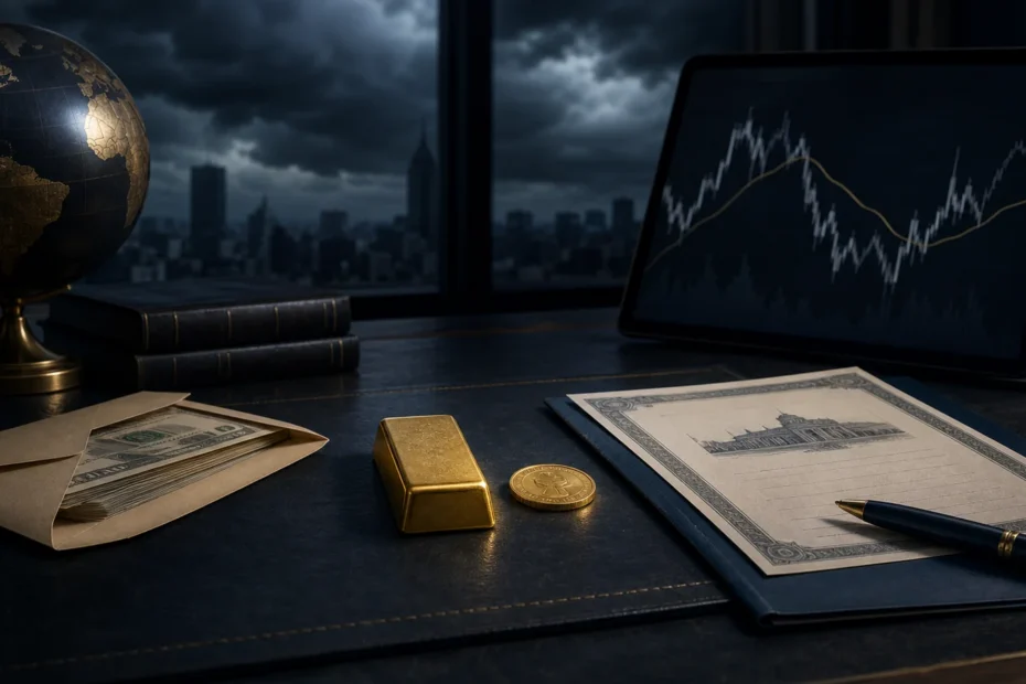 Gold bar beside cash reserves, government bonds, and a recession market chart on a professional portfolio desk