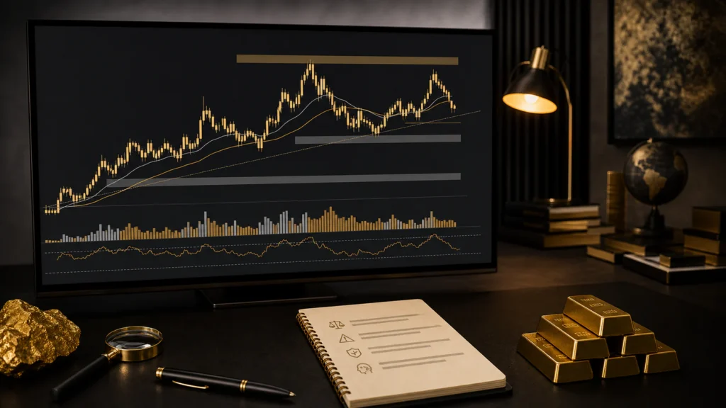 Professional analyst reviewing a gold price chart with trend, support, resistance and risk notes on a modern workstation