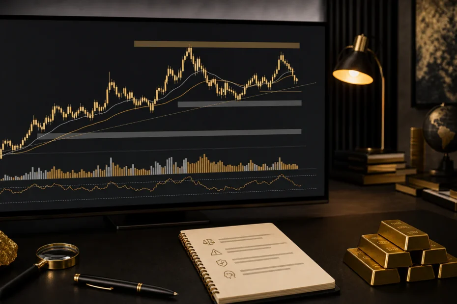 Professional analyst reviewing a gold price chart with trend, support, resistance and risk notes on a modern workstation