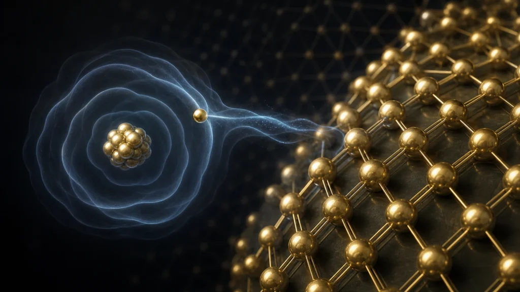 Conceptual gold atom with one emphasized outer electron beside a metallic gold lattice