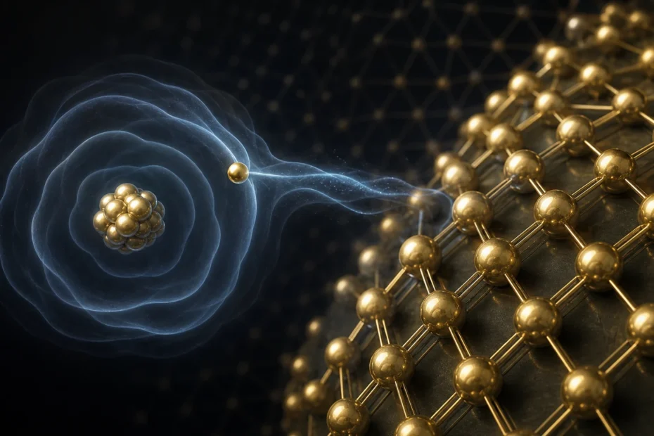Conceptual gold atom with one emphasized outer electron beside a metallic gold lattice