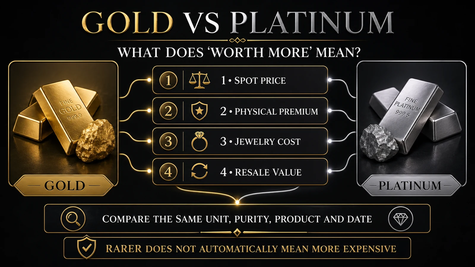 Infographic comparing spot price, physical premium, jewelry cost, and resale value for gold and platinum