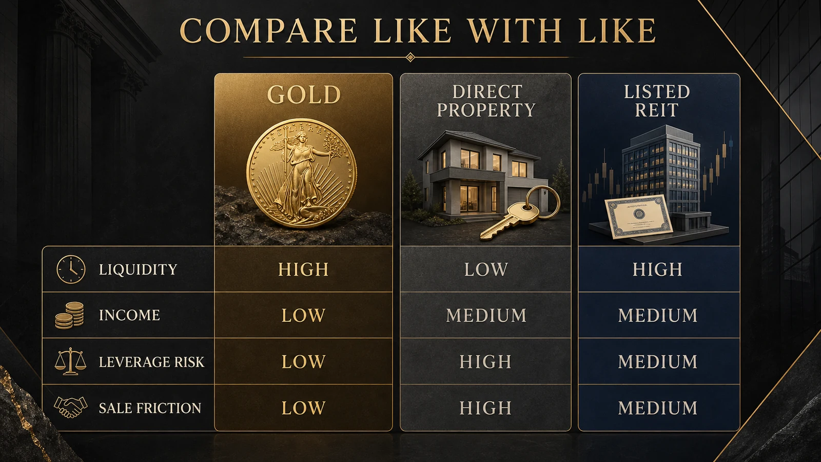 Gold vs Real Estate in a Recession | Liquidity, Leverage, and Returns infographic