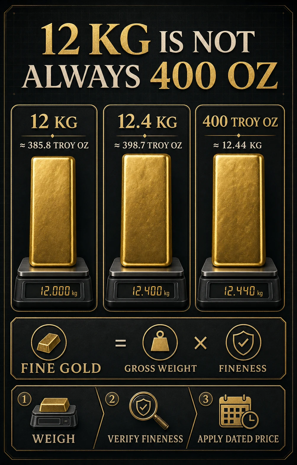 Infographic comparing 12 kilograms, 12.4 kilograms and 400 troy ounces of gold