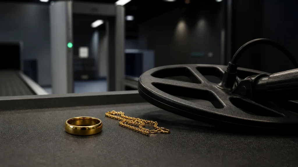 Gold ring and chain beside a metal detector search coil on a dark inspection surface