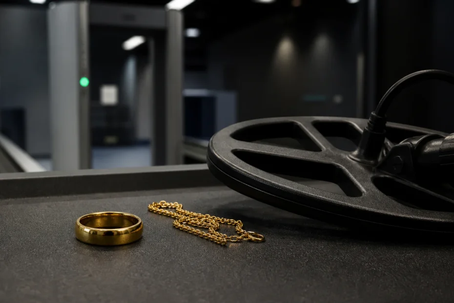 Gold ring and chain beside a metal detector search coil on a dark inspection surface
