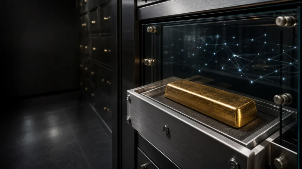 A vaulted gold bar connected to a secure blockchain token ledger
