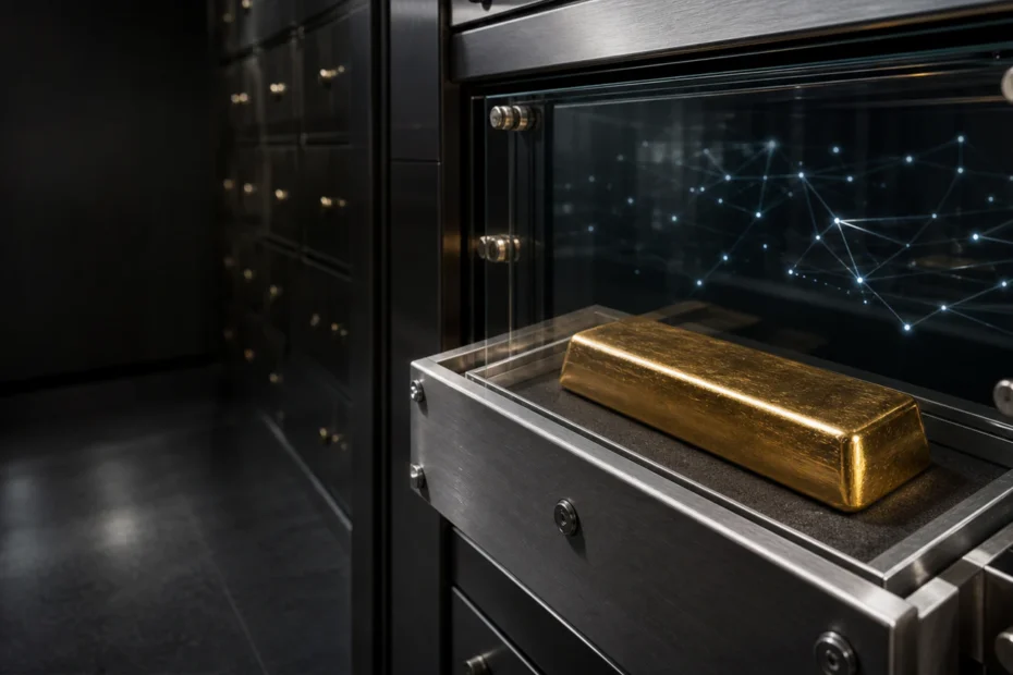 A vaulted gold bar connected to a secure blockchain token ledger