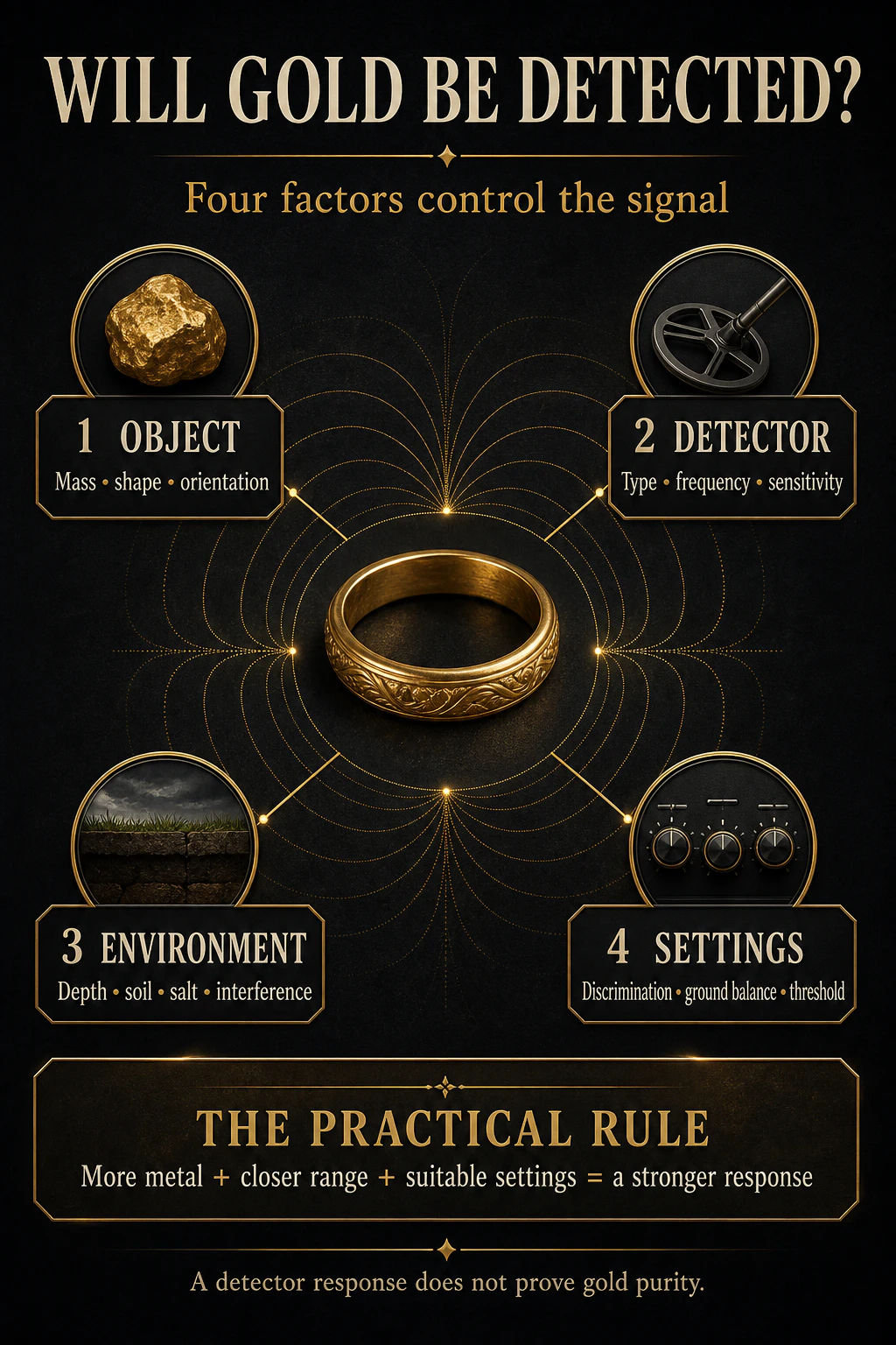 Infographic explaining how object size, detector type, environment, and settings affect whether gold is detected