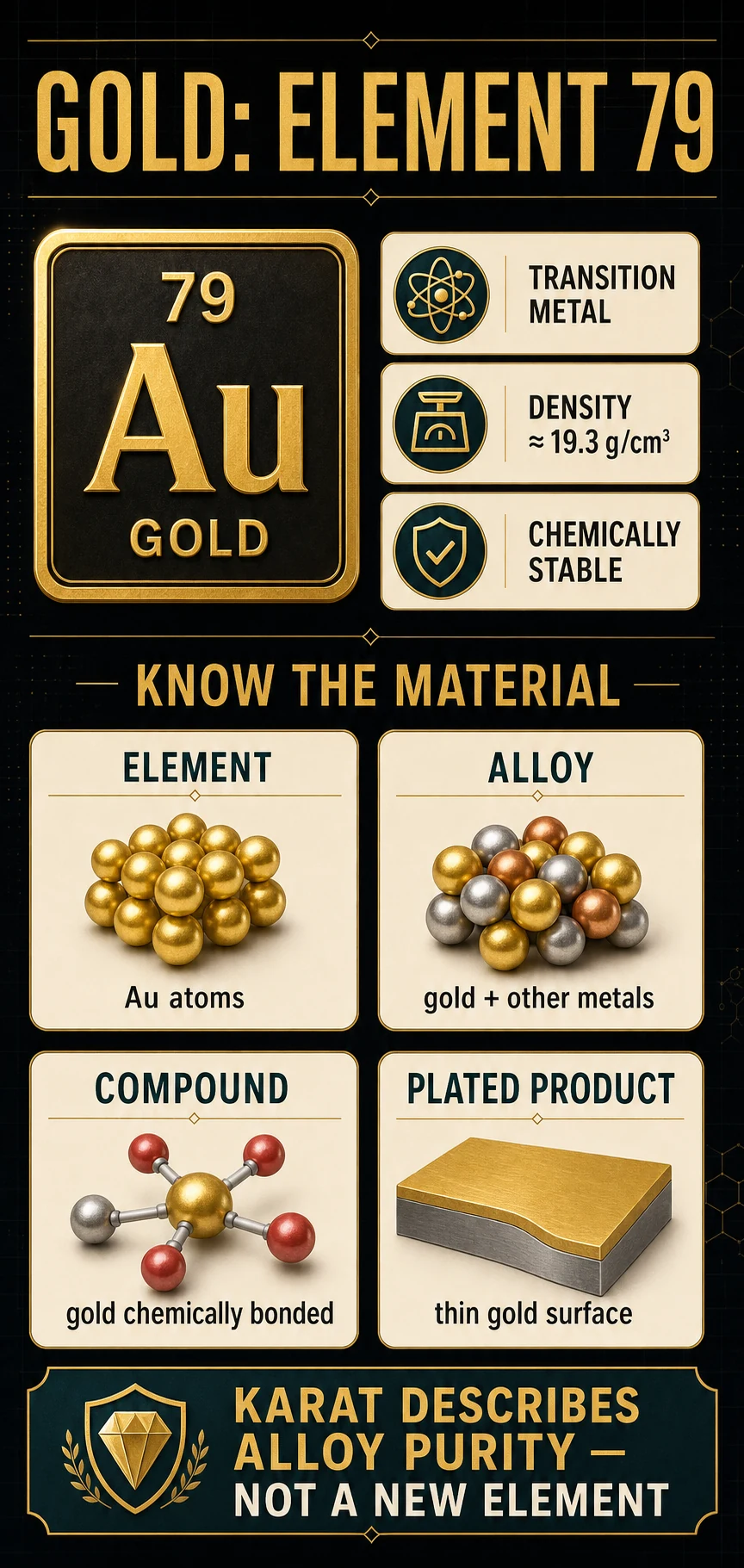 Scientific infographic showing gold as element 79 and distinguishing element, alloy, compound and plated product
