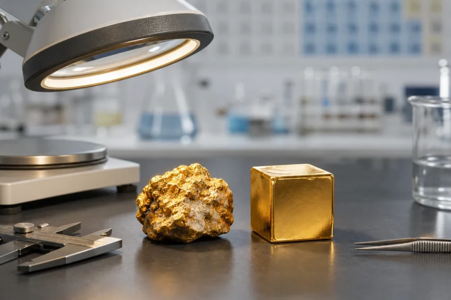 Natural gold sample and refined gold cube on a laboratory workbench