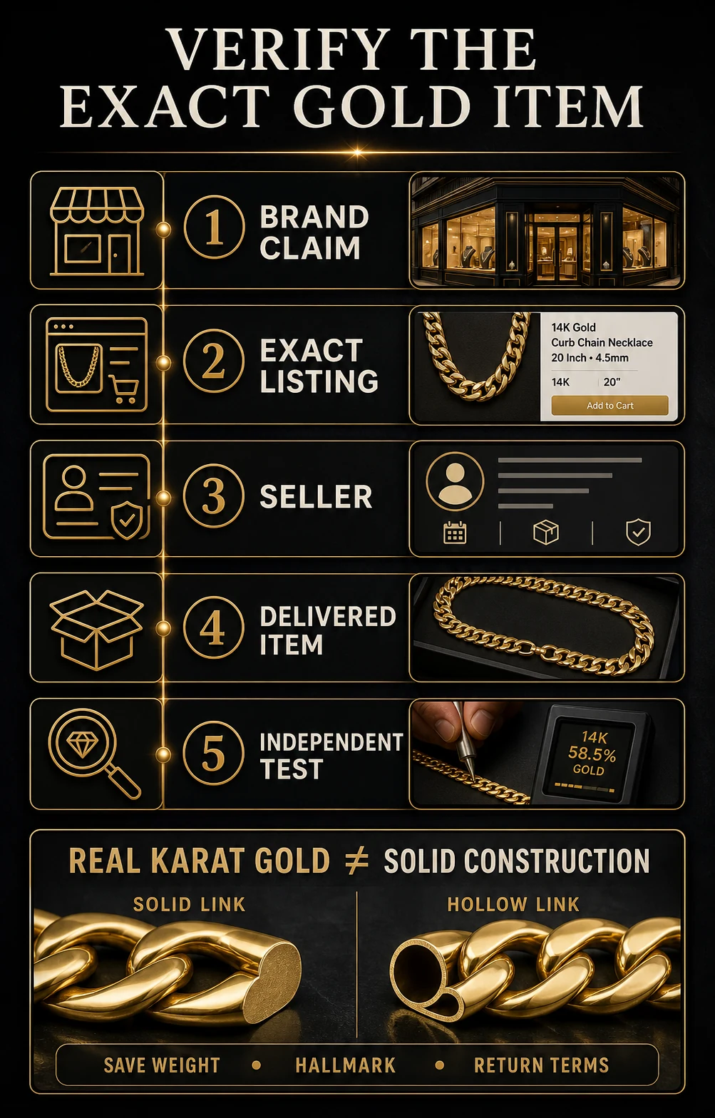 Five-step gold-item verification chain from brand claim and listing to seller, delivery and independent test