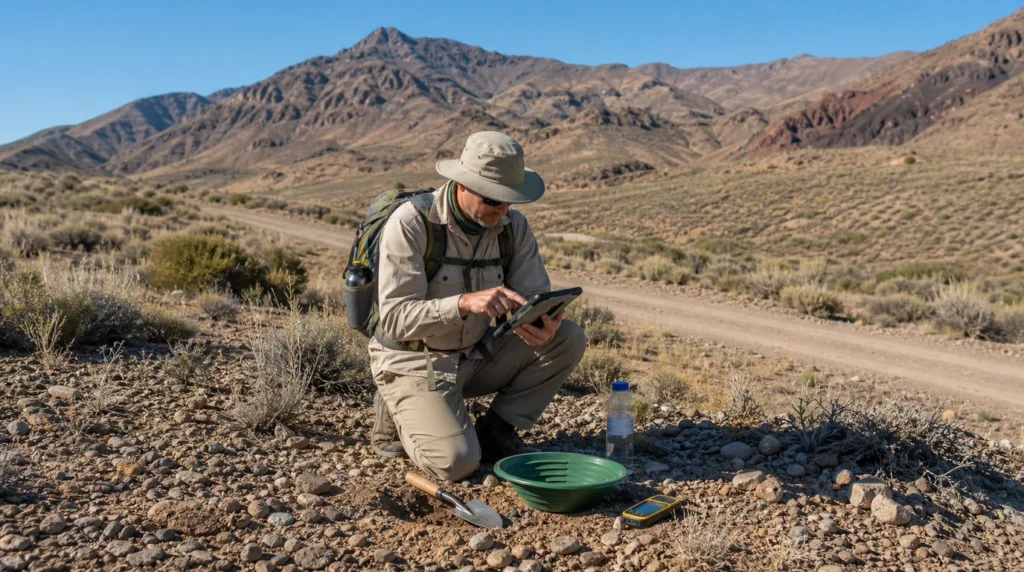 Recreational prospector checking a digital land map in the Nevada desert