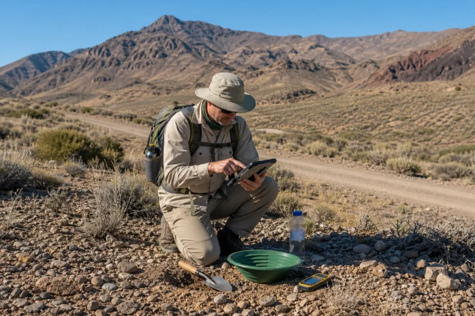 Recreational prospector checking a digital land map in the Nevada desert