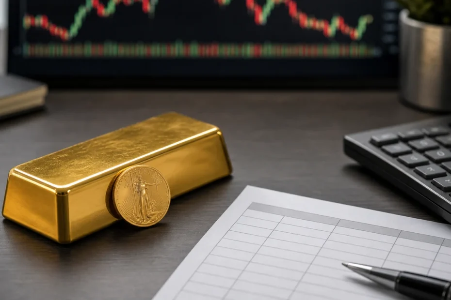 Gold bar and bullion coin beside a calculator and market chart