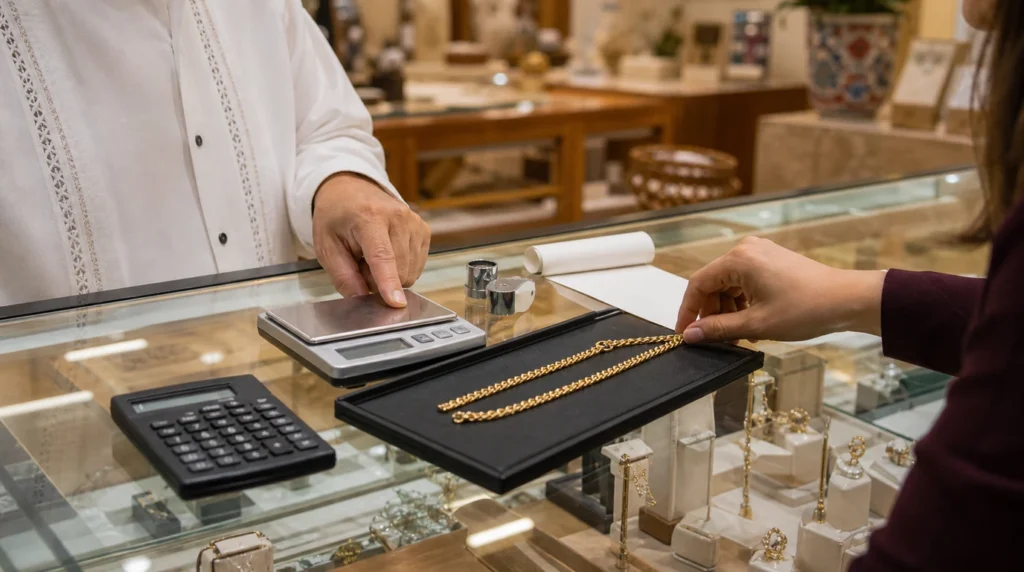 Gold chain being compared with a scale and calculator at a jewelry counter