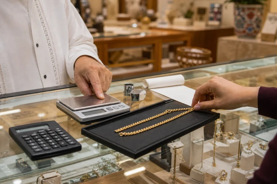 Gold chain being compared with a scale and calculator at a jewelry counter