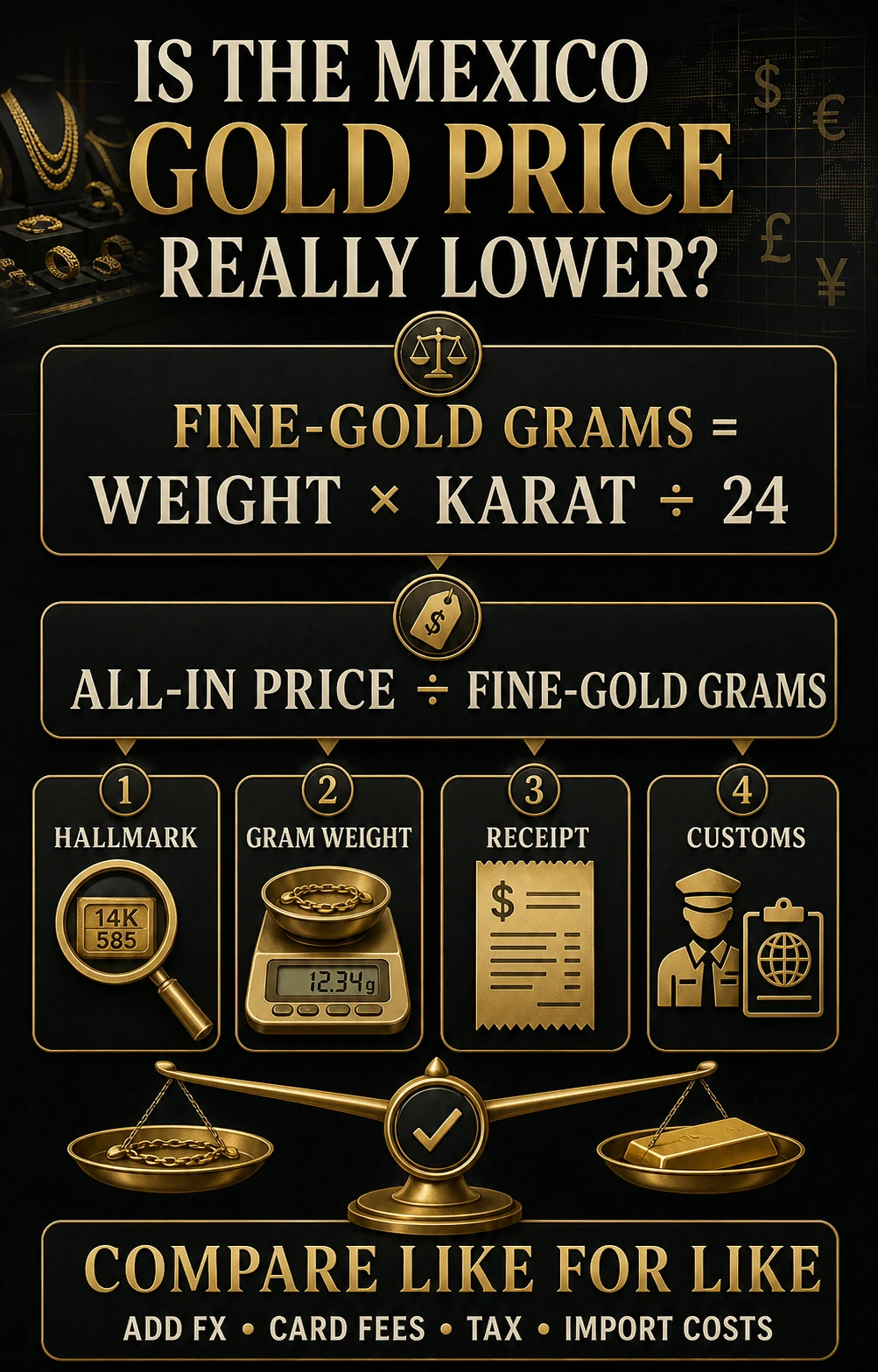 Infographic calculating fine-gold grams and checking hallmark, weight, receipt and customs costs