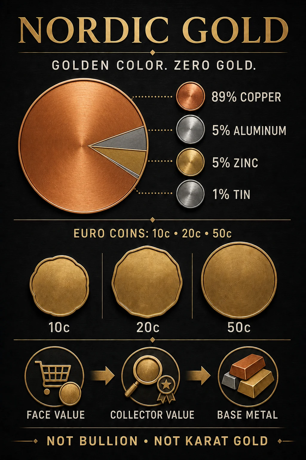 Nordic Gold infographic showing 89 percent copper, 5 percent aluminum, 5 percent zinc, 1 percent tin, euro coins, and the value ladder