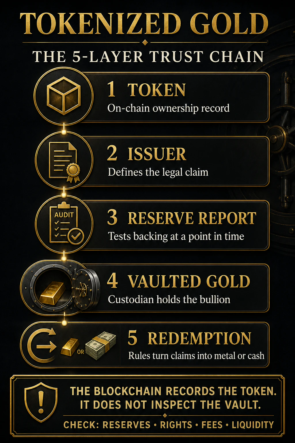 Infographic showing the token, issuer, reserve report, vaulted gold, and redemption layers behind gold-backed cryptocurrencies