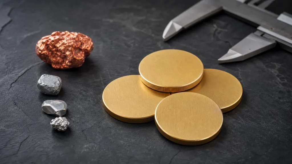 Nordic Gold euro cent coins beside copper, aluminum, zinc, and tin samples
