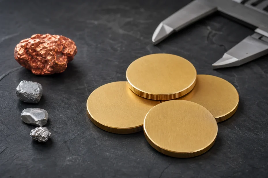 Nordic Gold euro cent coins beside copper, aluminum, zinc, and tin samples