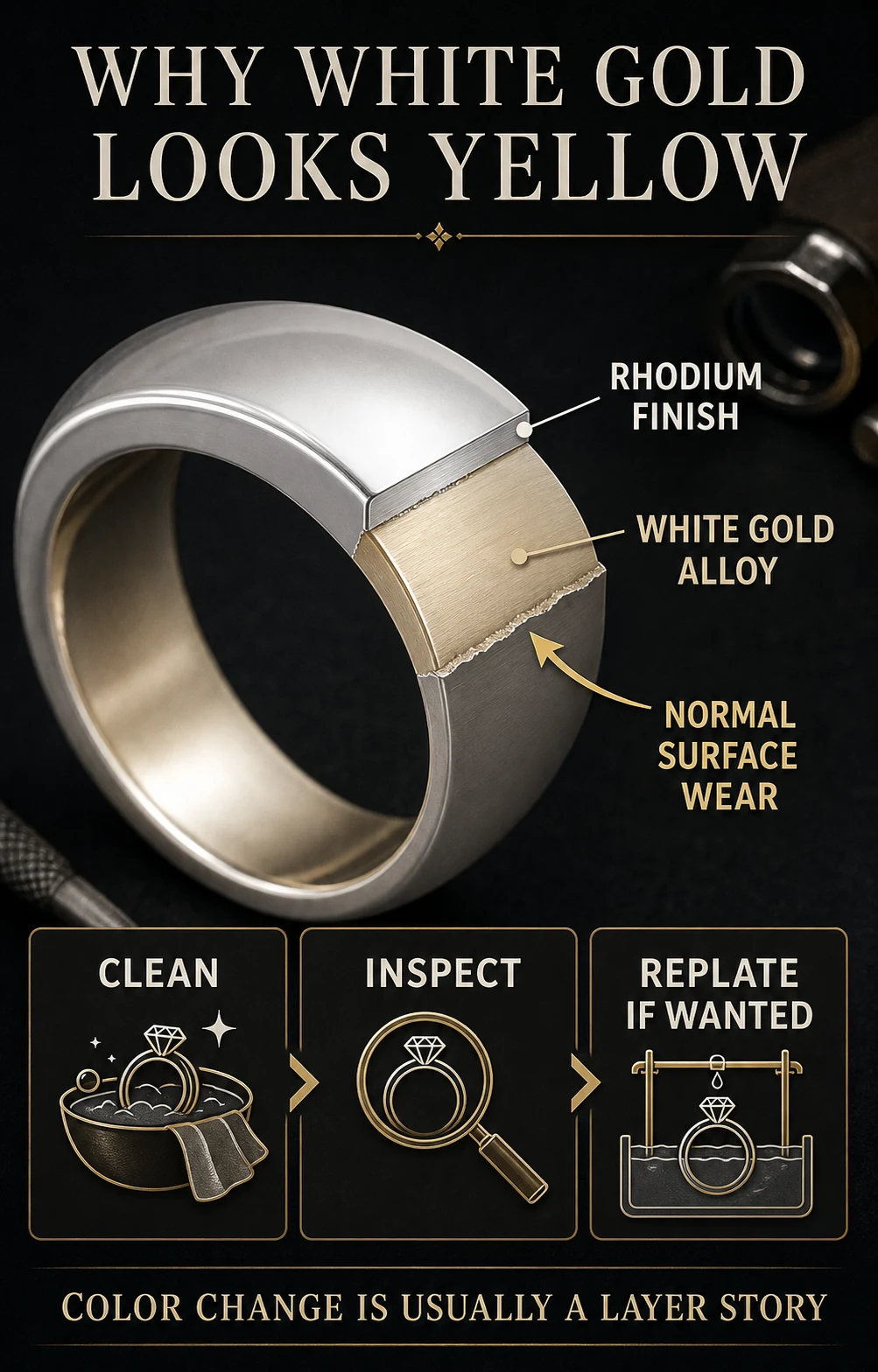 Cutaway infographic showing rhodium finish wearing to reveal the warmer white-gold alloy