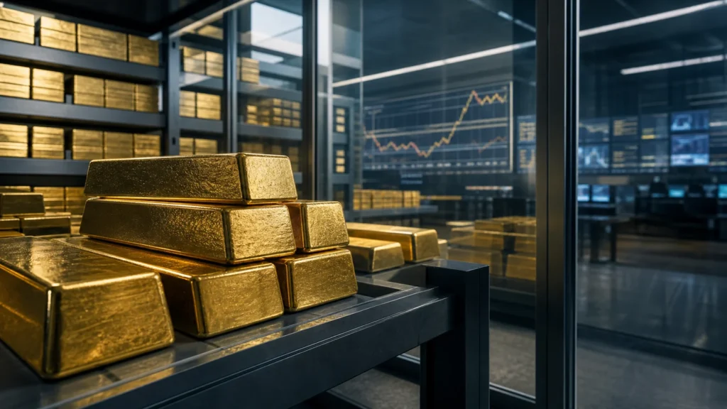 Institutional gold bars in secure custody connected to an exchange-traded fund price screen