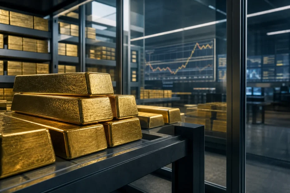 Institutional gold bars in secure custody connected to an exchange-traded fund price screen